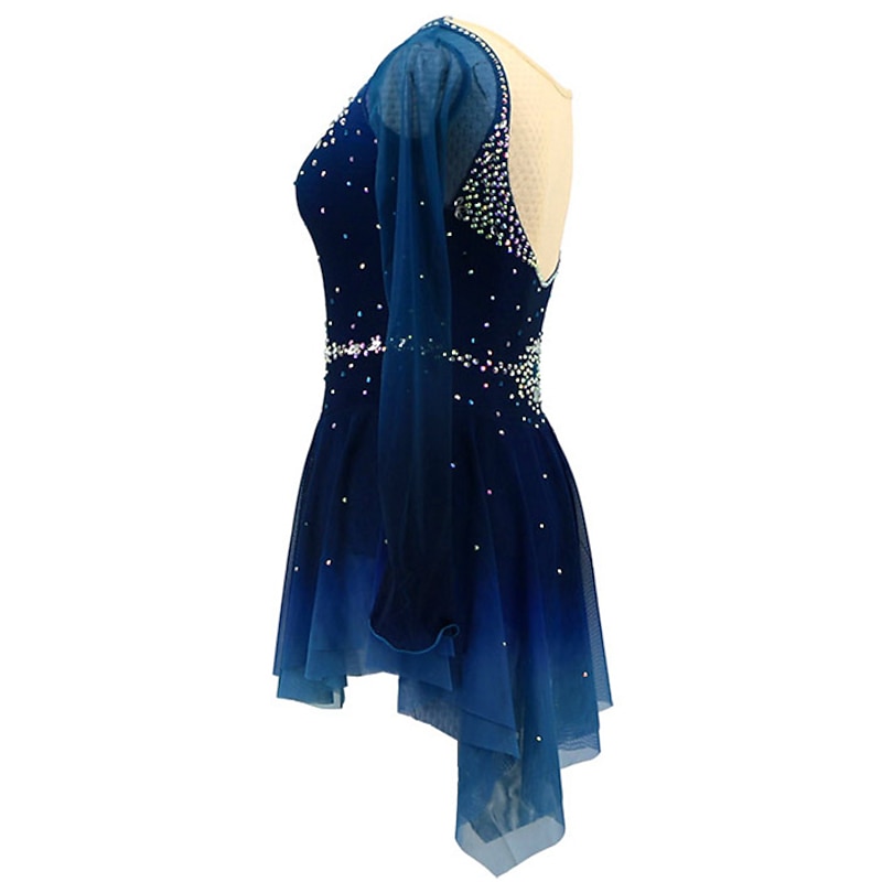 Figure Skating Dress Women's Girls' Ice Skating Dress Dark Green Asymmetric Hem Mesh Spandex High Elasticity Training Practice Competition Skating Wear Handmade Crystal / Rhinestone Long Sleeve Ice2