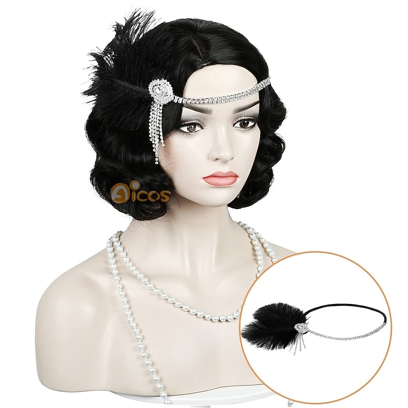 1920s flapper wig Vintage Style Finger Waves Black Short Hair for Women Halloween Wigs2