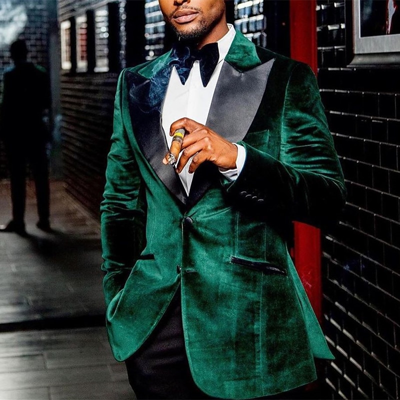 Men's Blazer Jacket Tuxedo Closure collar Fashion Casual Velvet Solid Colored Green Tailored Fit Single Breasted Two-buttons
