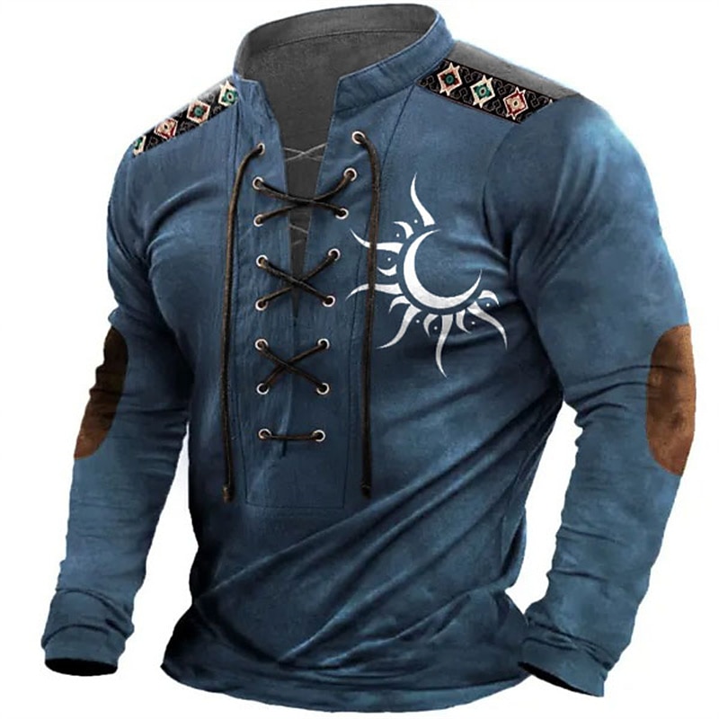 Men's Tribal Graphic Prints T Shirt Vintage Shirt Long Sleeve T shirt Standing Collar Shirt Designer Basic Casual Sports & Outdoor Daily Sports Black Navy Blue Brown Spring & Summer Clothing Apparel2