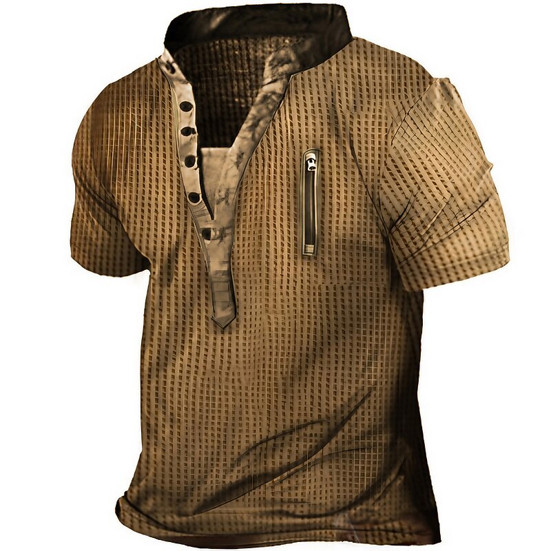 Men's Waffle Tee Button T Shirt Waffle Henley Shirt Henley Shirt Short Sleeves Henley Summer Plain Fashion Designer Basic Vacation Street Going out Brown Top Tee for Men