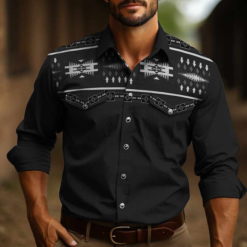 Men's Tribal Graphic Prints Vintage Shirt Western Shirt Cowboy Shirt Long Sleeve Fashion Designer Casual Outdoor Daily Fall & Winter Turndown Print Black Navy Blue Dark Green3
