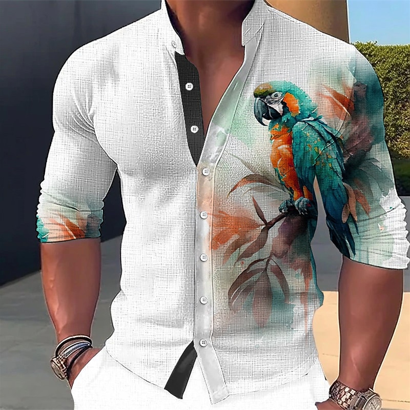 Men's Parrot Shirt Button Up Shirt Long Sleeve Fashion Streetwear Designer Outdoor Casual Daily Summer Spring Fall Stand Collar Print Yellow Pink Red Blue Green2