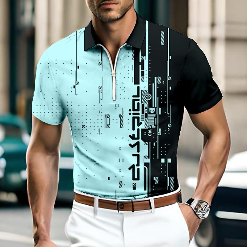 Men's Geometric Zip Polo Shirts Golf Shirt Short Sleeve Polo Shirts Collared Shirts Casual Vacation Wear Formal Wear Festival Wear 3D Print Quarter Zip Polo Blue-Green White Blue3