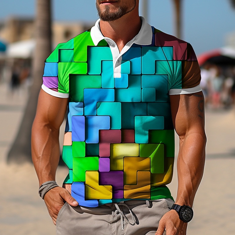Men's Graphic Polo Shirts Golf Shirt Short Sleeve Polo Shirts Collared Shirts Casual Vacation Wear Rave Wear Party Outfits Buttons 3D Print Red Blue2