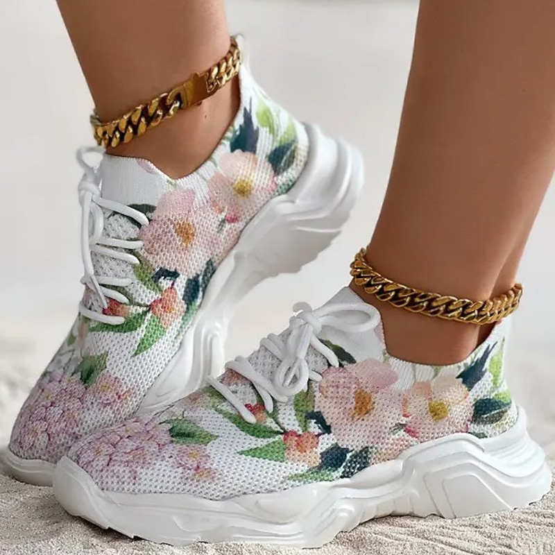 Women's Floral Print Breathable Knit Sneakers – Lightweight Lace-Up Athletic Shoes for Casual Wear4
