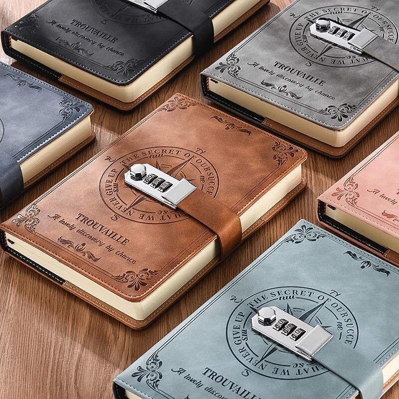 A5 Leather Notebook with Lock, Password Diary Journal for College Students, Retro Handcrafted Thickened Paper, Back to School Gift, Stationery2