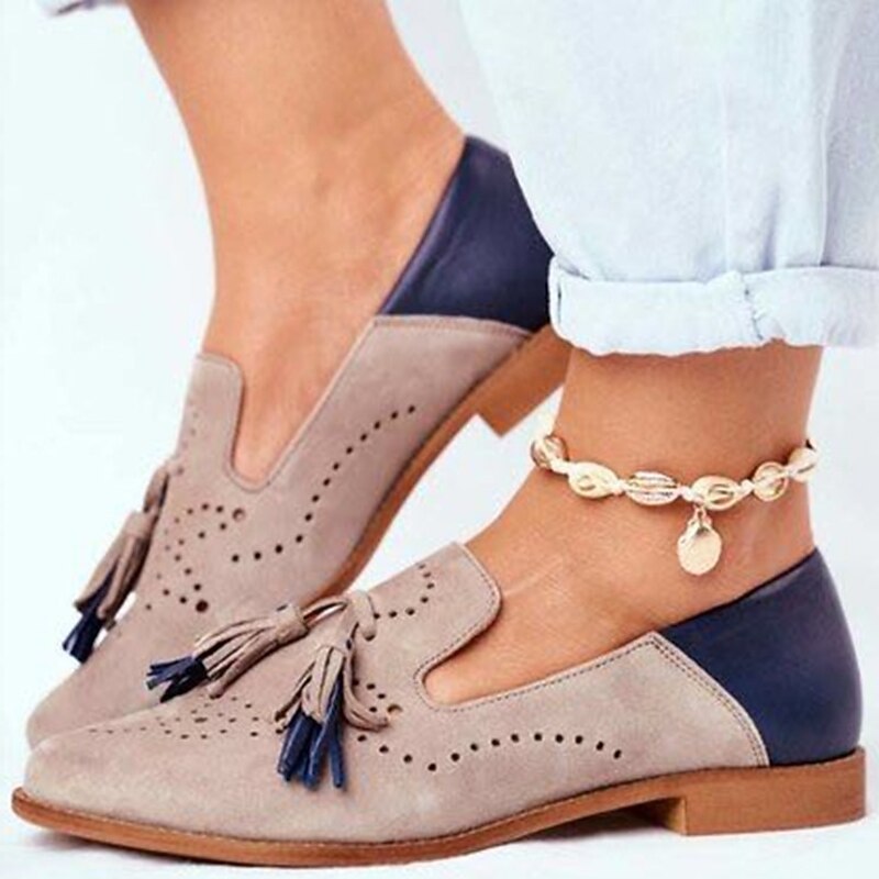 Women's Taupe Suede Tassel Loafers, Two - Tone Perforated Casual Flats for Everyday Comfort