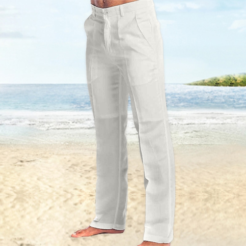 Men's Linen Pants Trousers Dress Pants Summer Pants Beach Pants Straight Leg Plain Comfort Outdoor Casual Daily Streetwear Stylish Black White2