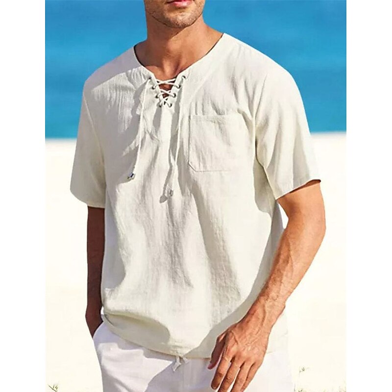 Men's Shirt Linen Shirt Cotton Linen Shirt Summer Shirt Beach Shirt Plain Vacation Casual Black White Pink Blue Short Sleeve V Neck Summer Clothing Apparel Drawstring3