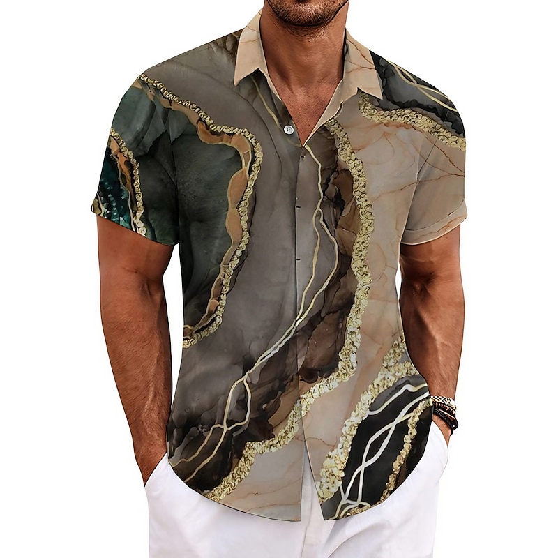 Men's Gradient Marble Shirt Button Up Shirt Short Sleeve Fashion Designer Casual Outdoor Casual Summer Spring Turndown Print Blue Green Khaki Gray