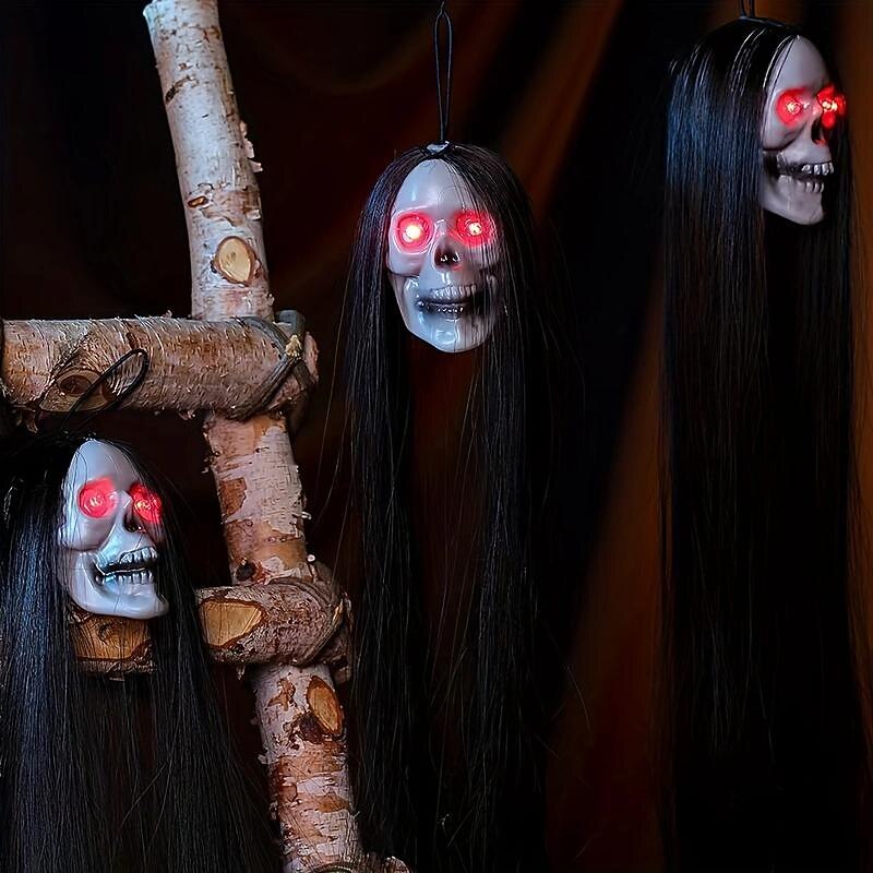 Halloween Prop Skull with LED Glowing Eyes Halloween Hanging Ghost Perfect for Halloween Party Decor Indoor Outdoor Including Button Cell