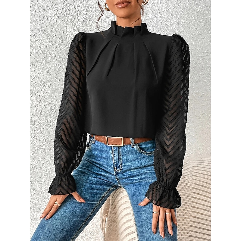 Women's Shirt Blouse Daily Basic Mesh Long Sleeve Regular Tops Turtleneck High Neck Casual Black White Pink Navy Blue Beige Fall & Winter4
