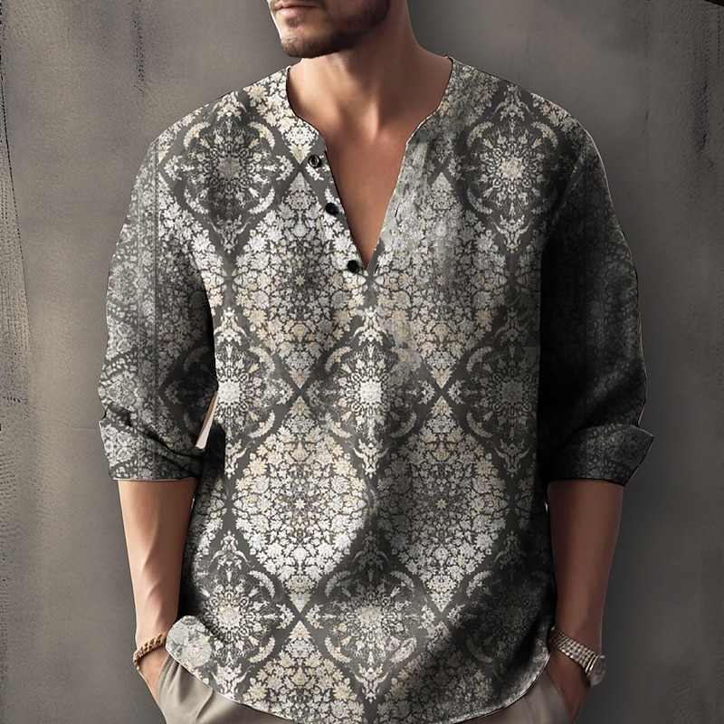 Men's Floral Vintage Shirt Linen Shirt Button Up Shirt Long Sleeve Fashion Streetwear Designer Outdoor Daily Summer Spring Fall Stand Collar Print Black+Black Yellow Wine Navy Blue Blue4