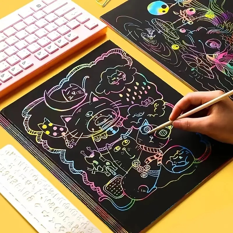 12 Sheets Rainbow Scratch Off Notebooks Arts Crafts Supplies Set Color Drawing Paper Kit For Kids Birthday Game Party Favor Festival Easter Activity Toy3