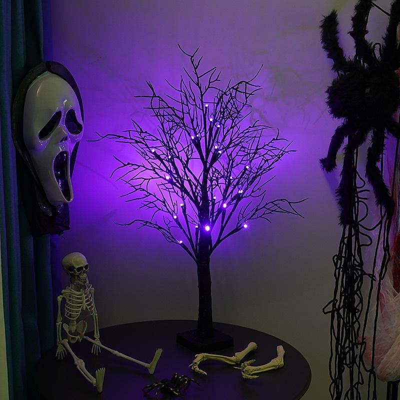 Halloween Decoration 24 LEDs Tree Lights Spooky Halloween Party Decorative Lights Indoor Decoration Purple Landscape Lights Ghost Festival Simulation Luminous Tree
