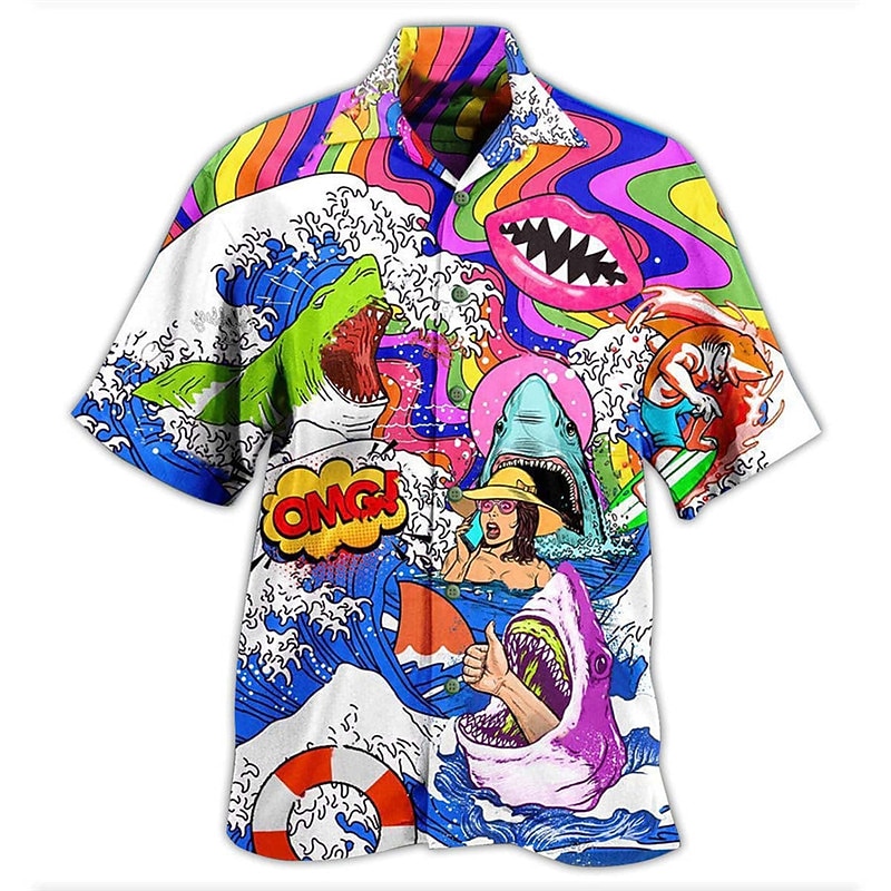 Men's Unicorn Shark Tropical Shirt Summer Hawaiian Shirt Aloha Shirt Short Sleeve Shirt Cuban Collar Sports Fashion Streetwear Outdoor Casual Holiday White Purple S M L4