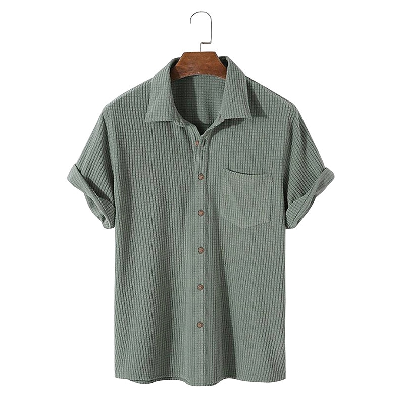 Men's Casual Shirt Button Up Shirt Waffle Knit Shirt Yellow Blue Green Apricot Short Sleeve Plain Lapel Vacation Street Basic Clothing Apparel Polyester Fashion Leisure