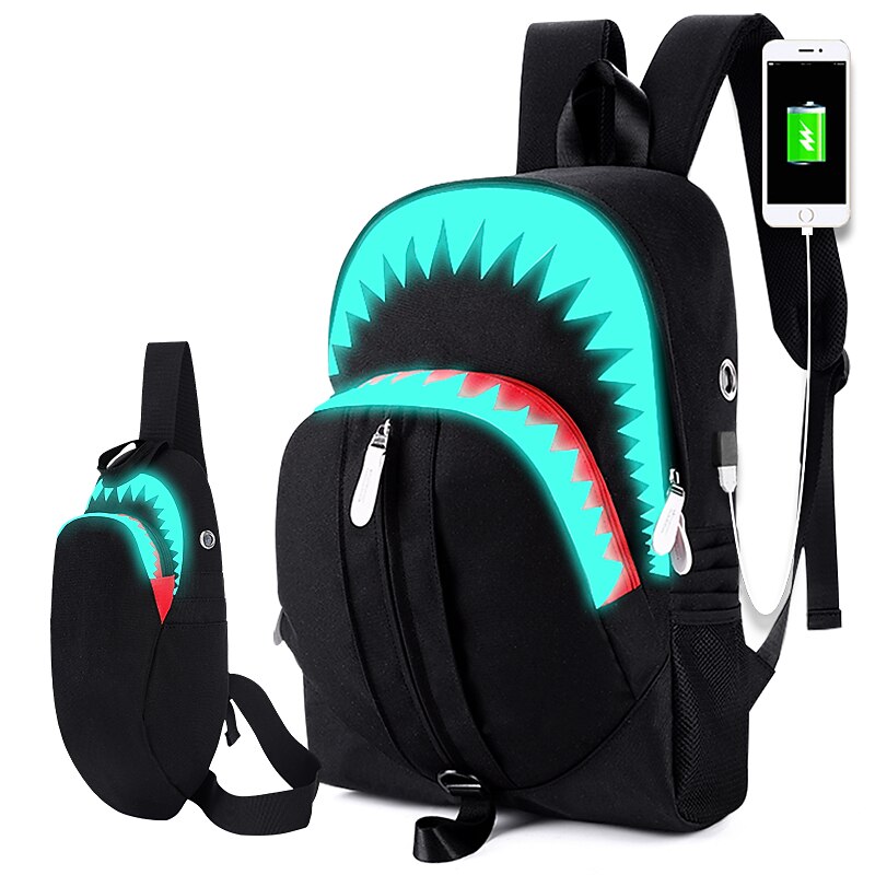 USB function backpack School Bag Men Fashion USB Charging Night Luminous Backpack Shark Laptop Backpack Teenagers School Bag Travel Bag Black