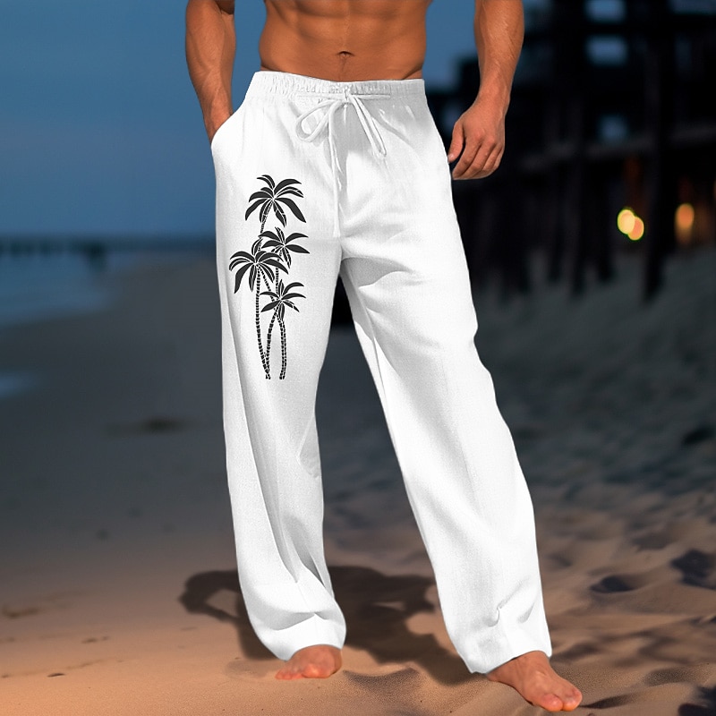 Men's Coconut Tree Graphic Prints Trousers Summer Pants Beach Pants Mid Waist Streetwear Hawaiian Designer Casual Daily Holiday Drawstring Elastic Waist 3D Print Spring & Summer Hot Stamping White