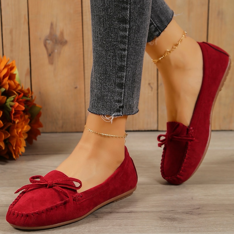 Women's Black Synthetic Leather Moccasin Flats with Bow Detail, Slip-On Casual Loafers for Daily Wear and Comfort 20