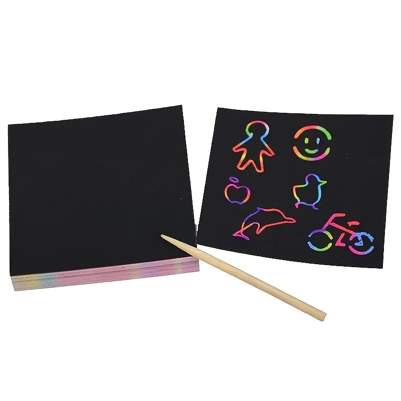 100pcs Scratch Art Rainbow Mini Notes With Wooden Stylus Colorful Scratch Art Mini Notes Colorful Scratch Art DIY Kids Kindergarten Students Doodle Painting Party Gifts - Main Image