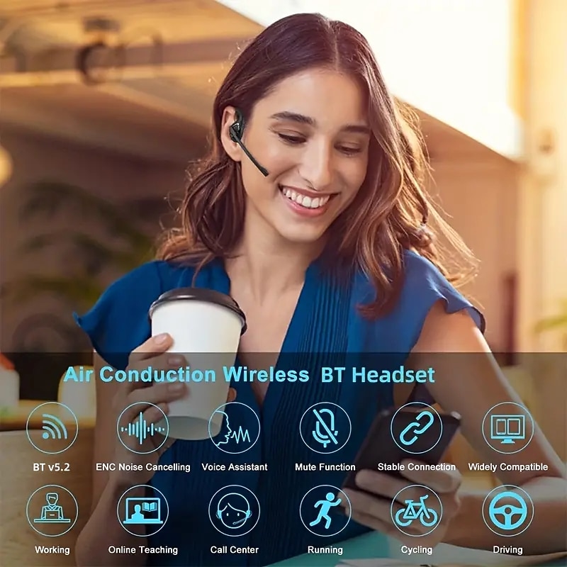 Open Ear Headset Wireless Air Conduction Stereo Headphone W/Noise-Cancelling Boom Mic Answer Phone Call Music Wireless Earphones For Running Driving Hiking Working2