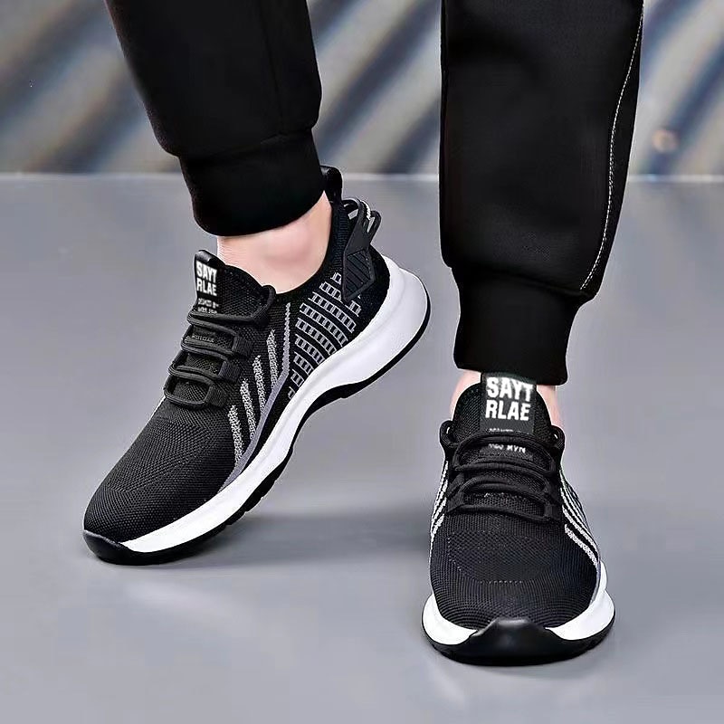 Men's Sneakers Casual Shoes Sporty Look Flyknit Shoes Running Basketball Hiking Vintage Sporty Casual Outdoor Daily Tissage Volant Breathable Comfortable Slip Resistant Elastic Band Black Grey Striped4