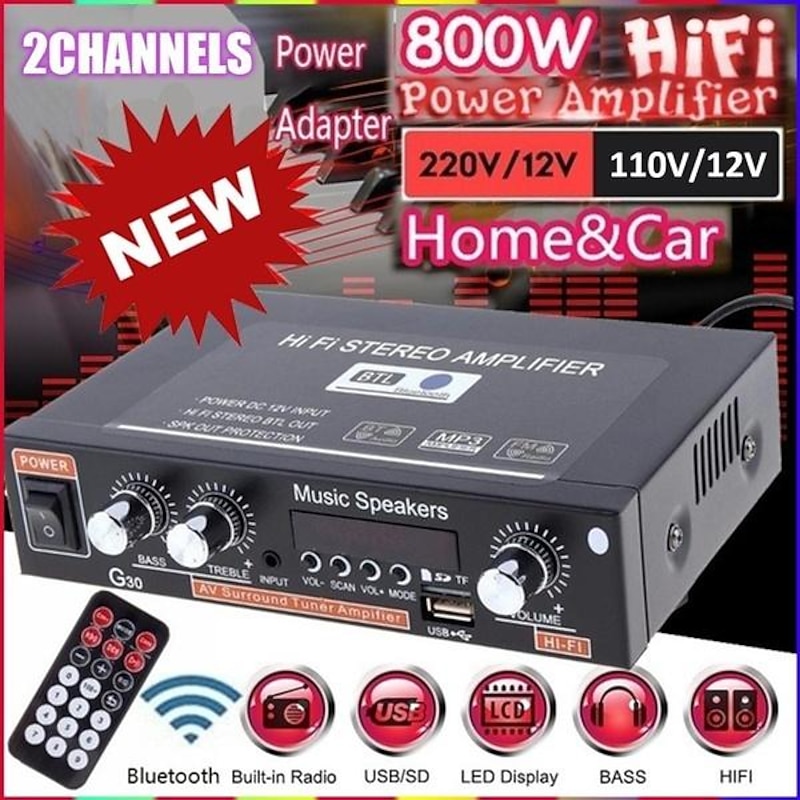 Big promo 800W Car Home 220V/110V 12V  Bluetooth 4.0 High Performance 2 Channels TF/U Disk/Remote Control/Power Amplifier FM Radio Auto Power Amplifier