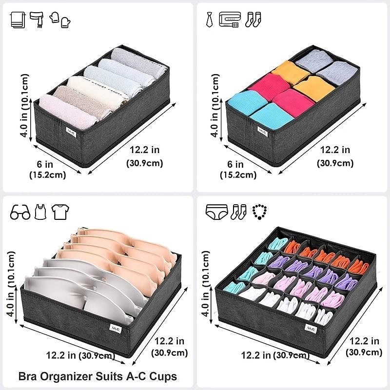 4pcs Socks Underwear Drawer Organizer Divider, ULG Washable Dresser Drawer Organizer Foldable Oxford Fabric Closet Organizers And Storage Boxes For Socks, Underwear, Ties, Belts3