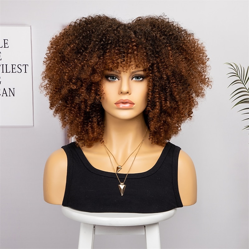 Short Curly Afro Wigs with Bangs for Black Women Brown Afro Kinky Curly Wigs for Black Women Synthetic Heat Resistant Fluffy Brown Wigs Halloween Cosplay Party Wigs