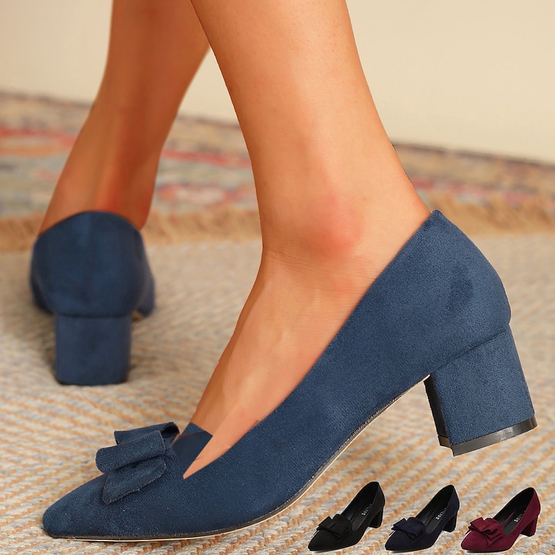 Women's Suede Bow Detail Block Heel Pumps – Elegant and Comfortable for Office, Parties, and Special Occasions