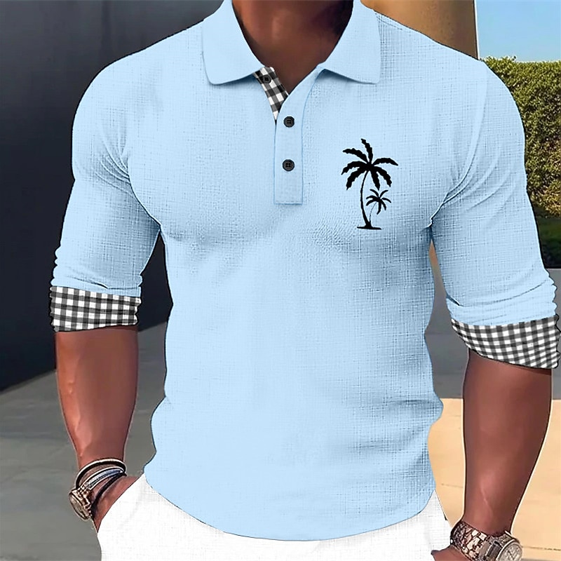 Kentucky Derby Men's Plaid Palm Tree Hawaiian Polo Shirts Golf Shirt Long Sleeve Polo Shirts Collared Shirts Casual Beach Wear Vacation Wear Tropical Wear Party Outfits 3D Print Buttons White Pink2