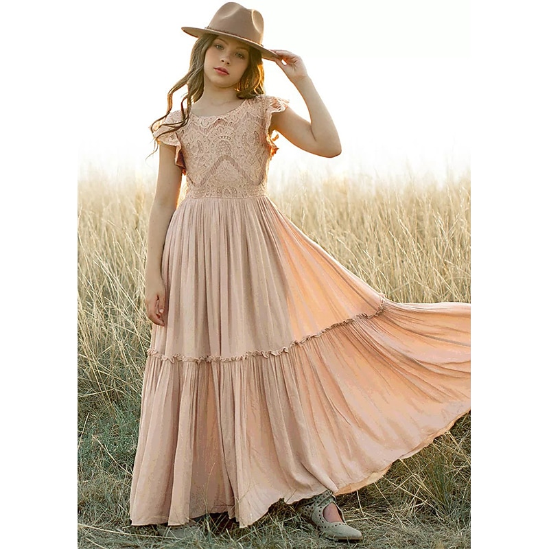 Kids Girls' Dress Solid Color Solid Colored Short Sleeve Wedding Daily Holiday Lace Ruched Princess Sweet Elastane Viscose Maxi A Line Dress Summer 4-13 Years White Champagne Wine4