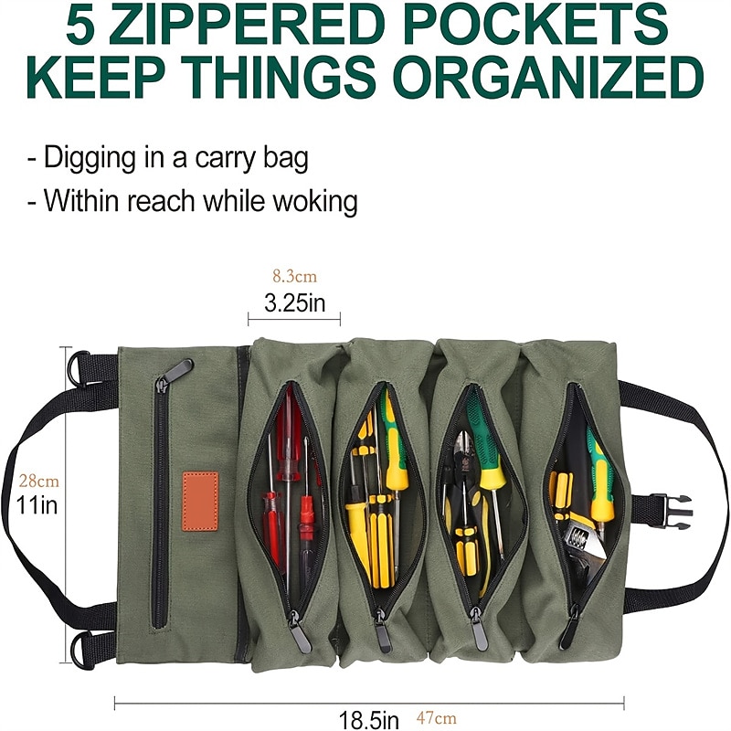 NEW Multi-Purpose Roll Up Tool Bag Hanging Canvas Wrench Tool Bag Storage Bag with 5 Zipper Bags Tool Car Accessories3