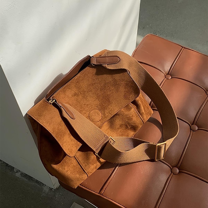 Women's Brown Suede Messenger Bag with Adjustable Strap – Casual Shoulder Bag for Work, Travel, and Everyday Use3