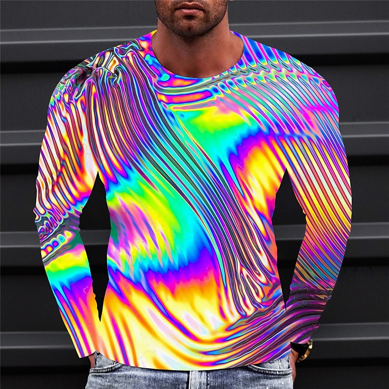 Men's Graphic Optical Illusion Metallic Shirt T Shirt Long Sleeve T shirt 3D Print Crew Neck Shirt Vintage Fashion Designer Outdoor Daily Sports Yellow Purple Green Spring &  Fall Clothing Apparel S