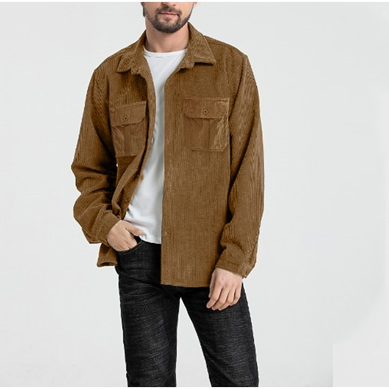 Men's Corduroy Shirt Shirt Jacket Overshirt Plain Street Daily Yellow Blue Gray Long Sleeve Turndown Fall Winter Clothing Apparel Button-Down