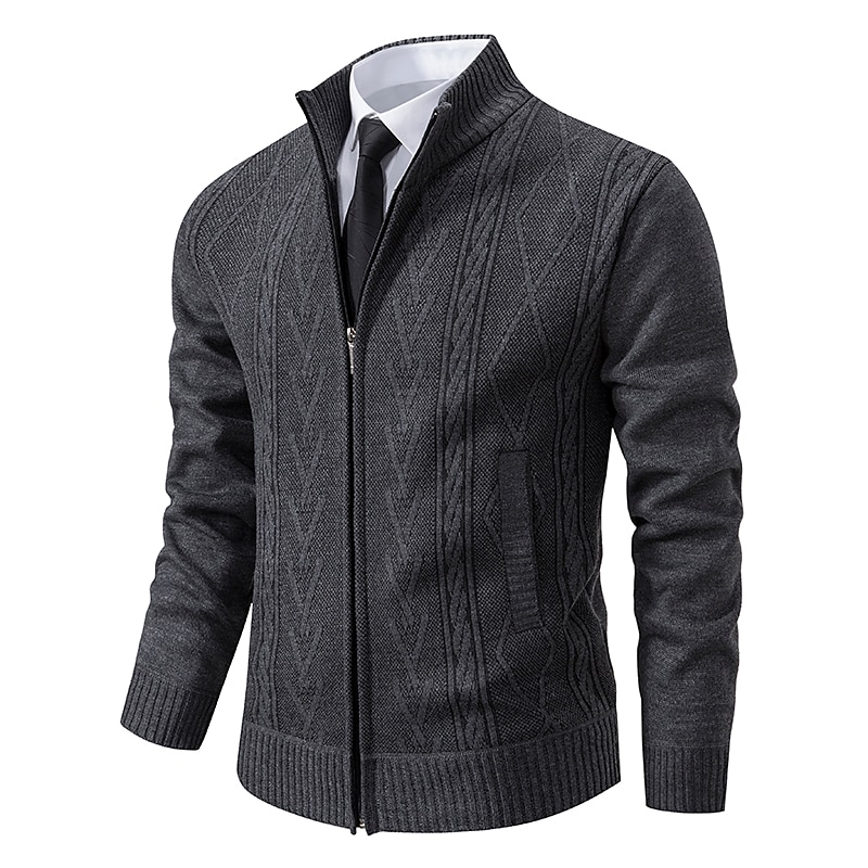 Men's Sweater Dress Sweater Cardigan Sweater Ribbed Knit Regular Tops Knitted Stand Collar Warm Ups Modern Contemporary Back to School Daily Wear Clothing Apparel Fall & Winter Light Grey Dark Grey S4