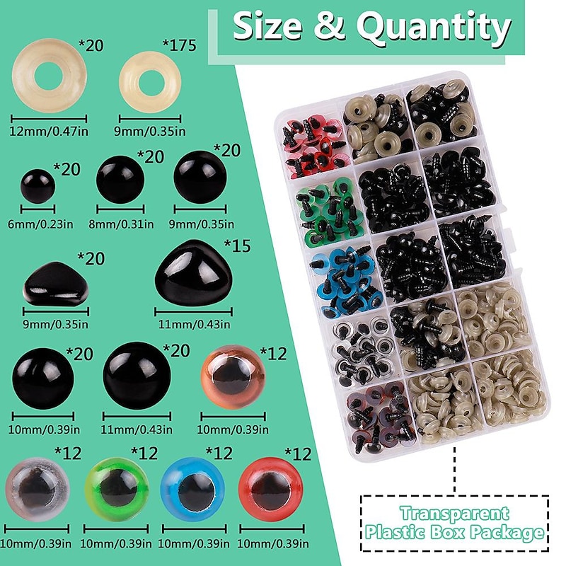 390pcs Plastic Safety Eyes and Noses, Includes Colorful Safety Eyes and Safety Nose with  Washers, Multiple Sizes for Doll, Plush Animal and Teddy Bear Craft Making2