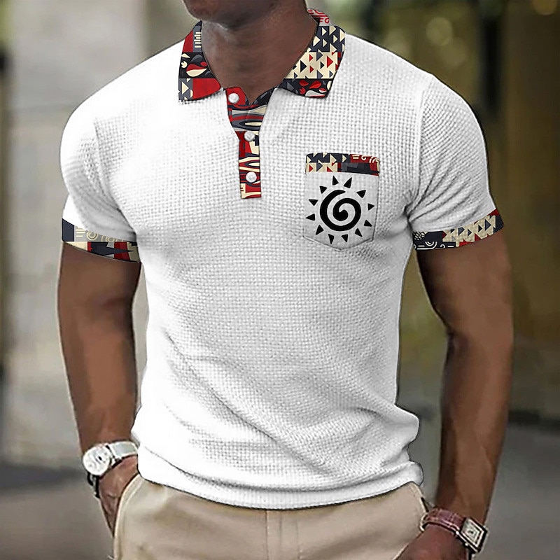 Men's Graphic Prints Vintage Totem Waffle Polo Shirts Polo Shirts Lapel Polo Button Up Polos Golf Shirt Short Sleeve Shirt Turndown Outdoor Street Black White Wine Blue Brown Print Clothing Apparel