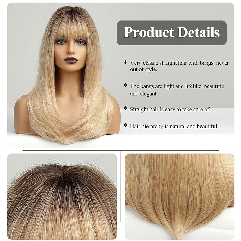 Ombre Blonde Long Straight Wig with Bangs Dark Root Long Hair With Bangs Natural Appearance Heat-resistant Synthetic Wig Daily Play Party Suitable For Fashionable Women 20Inches2