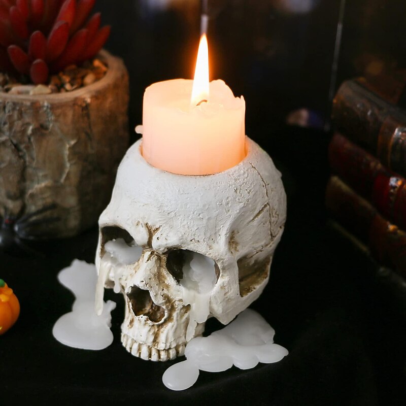 Halloween Decorations Skull Candle Holder Gothic Shed Tears Human Skull Tealight, Candle Holder Novelty Skull Bone Candlestick Halloween Home Party Tabletop Decor - Main Image