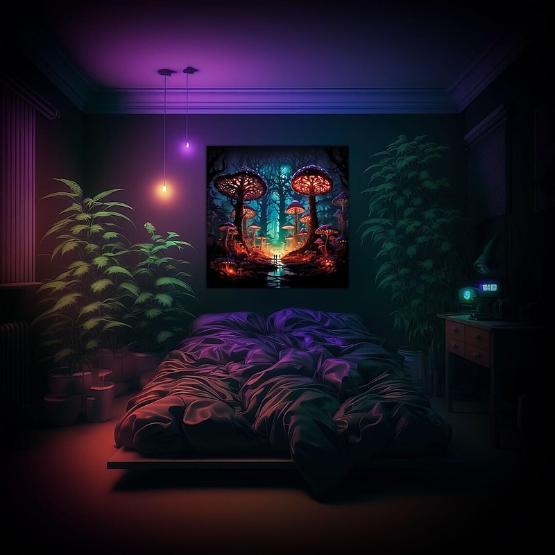 Trippy Magic Mushroom Blacklight Tapestry UV Reactive Glow Party Neon Misty Mushroom Psychedelic Hanging Tapestry Wall Art Mural for Living Room Bedroom4