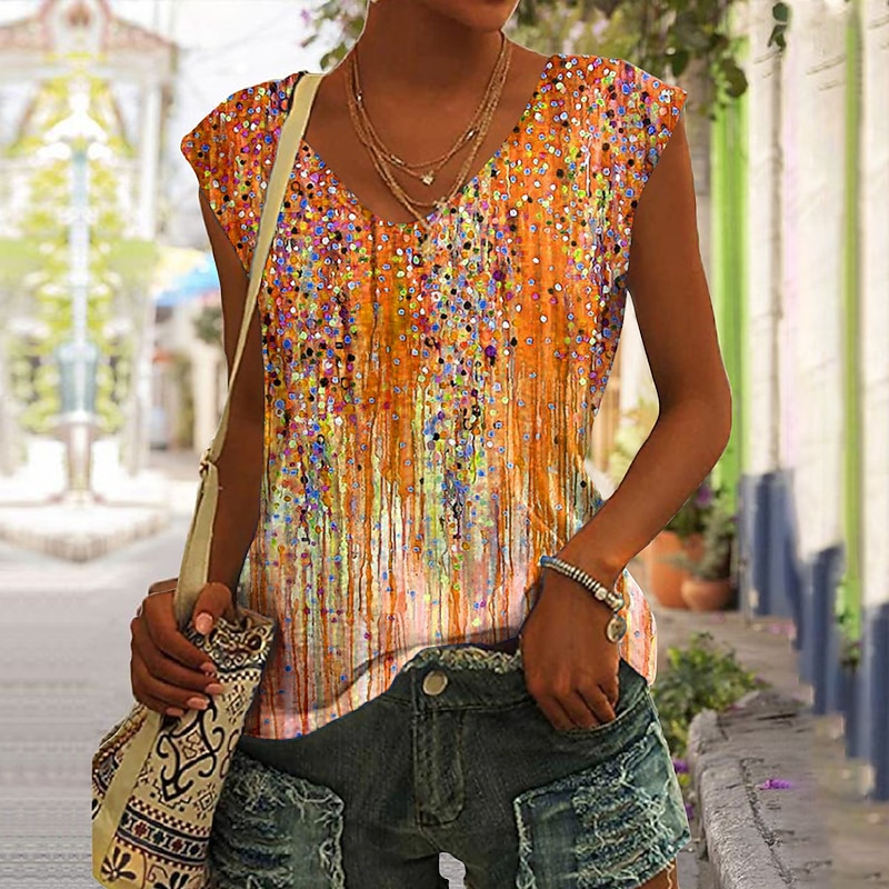 Women's Camisole Tank Top Basic Print Sleeveless Regular Tops V Neck Casual Pink Blue Purple Orange Green4