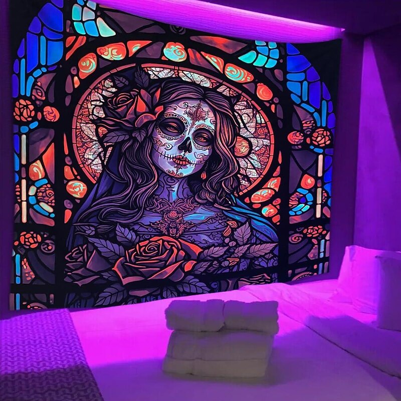 Halloween Skull Blacklight Tapestry UV Reactive Day of Dead Hanging Tapestry Wall Art Mural for Living Room Bedroom  Decorations2