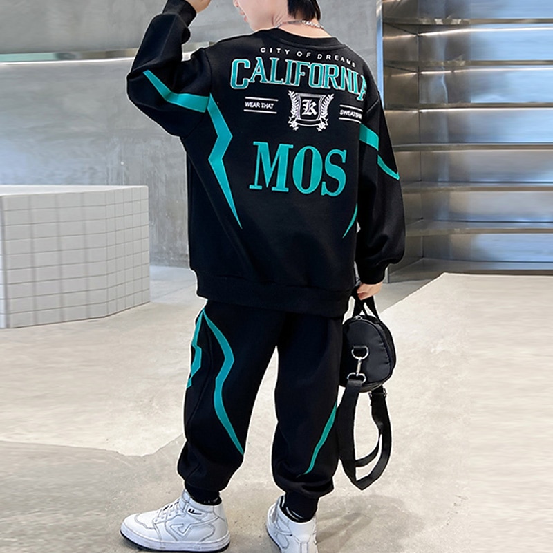 2 Pieces Kids Boys Hoodie & Pants Sweatshirt & Pants Clothing Set Outfit Letter Stripe Long Sleeve Pocket Set School Sports Cool Daily Spring Fall 7-13 Years Black Gray3