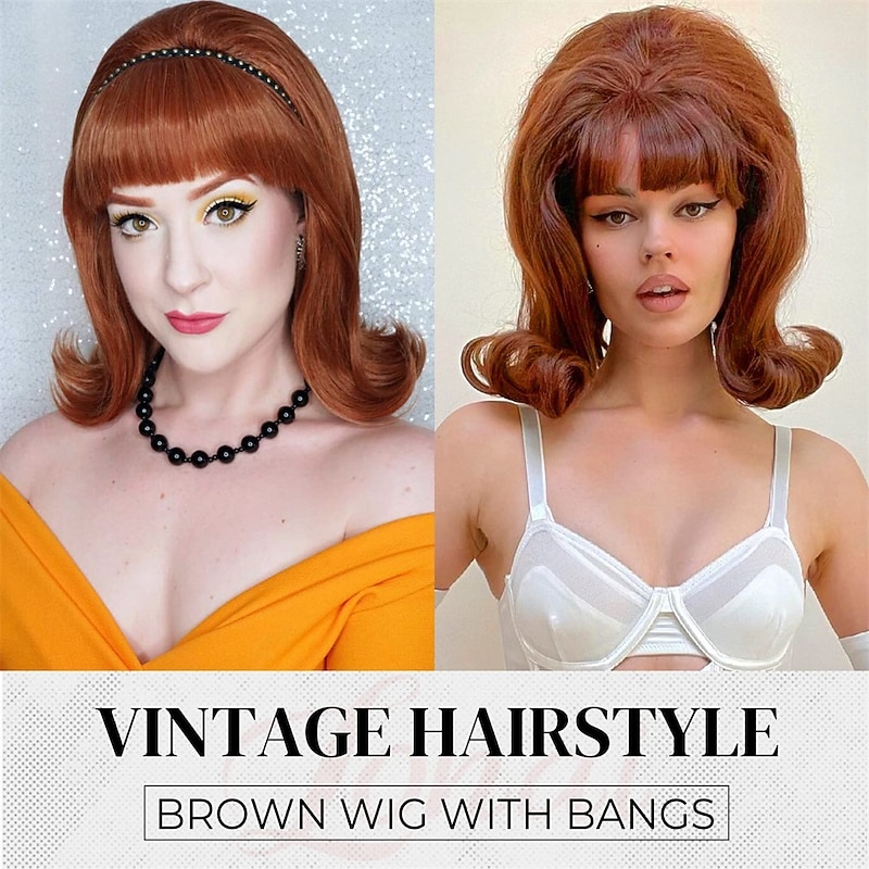 Retro Brown Wig 50s 60s 70s Wig with Bangs for Women Synthetic Hair for Carnival Costume Party Halloween Wigs2
