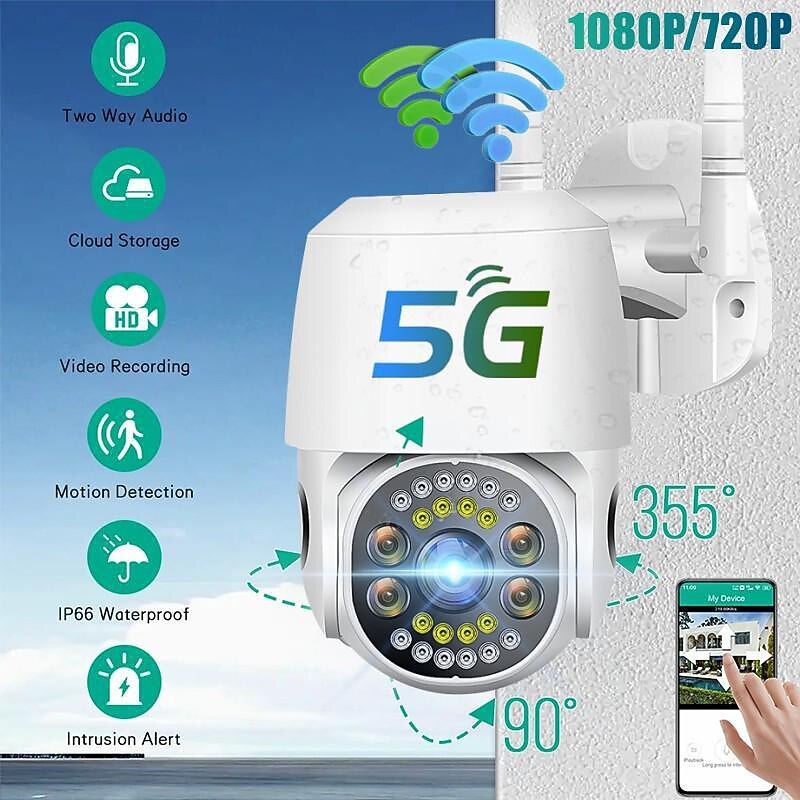 Five Lens HD 1080P/720P Wireless Speed Dome PTZ WiFi IP Camera Two-way Intercom Full Color Night Vision Motion Detection 5G Dual-band IP66 Waterproof Indoor and Outdoor Surveillance Camera2