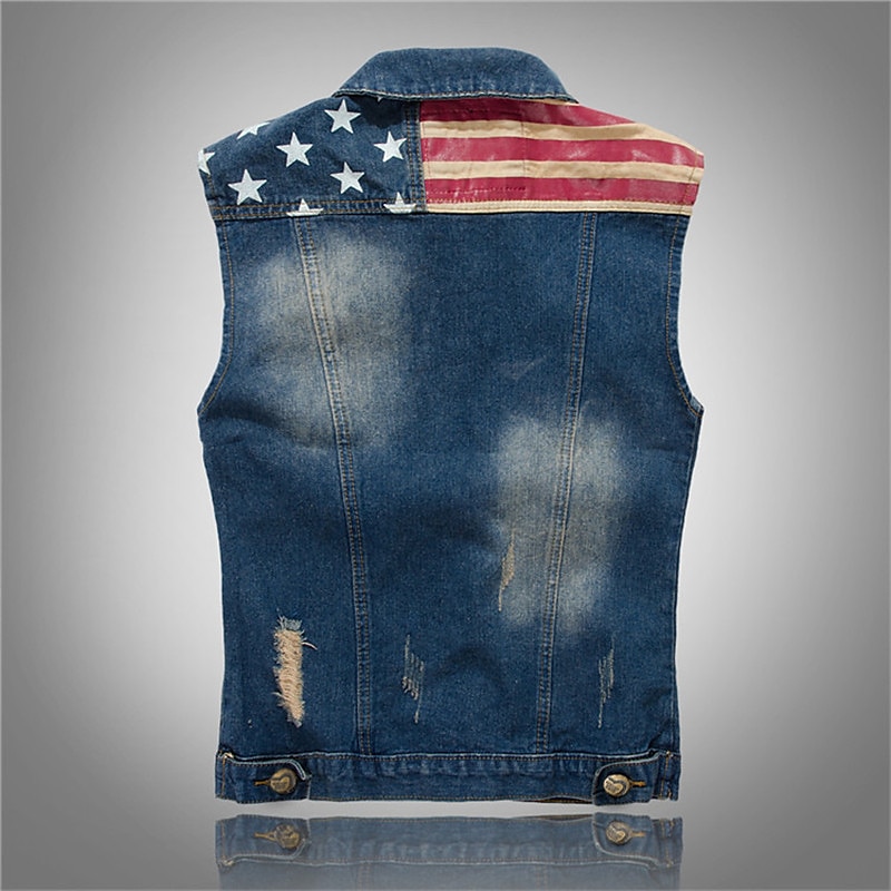 Men's Gilet Denim Vest Daily Wear Vacation Going out Fashion Basic Spring &  Fall Button Pocket Cotton Blend Comfortable National Flag Single Breasted Lapel Regular Fit Blue Vest2